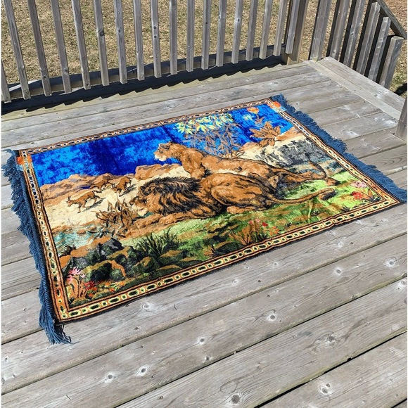 VINTAGE Velvet Rug Stag Lions and Gazelles Scenic Wall Tapestry - Picture 3 of 13